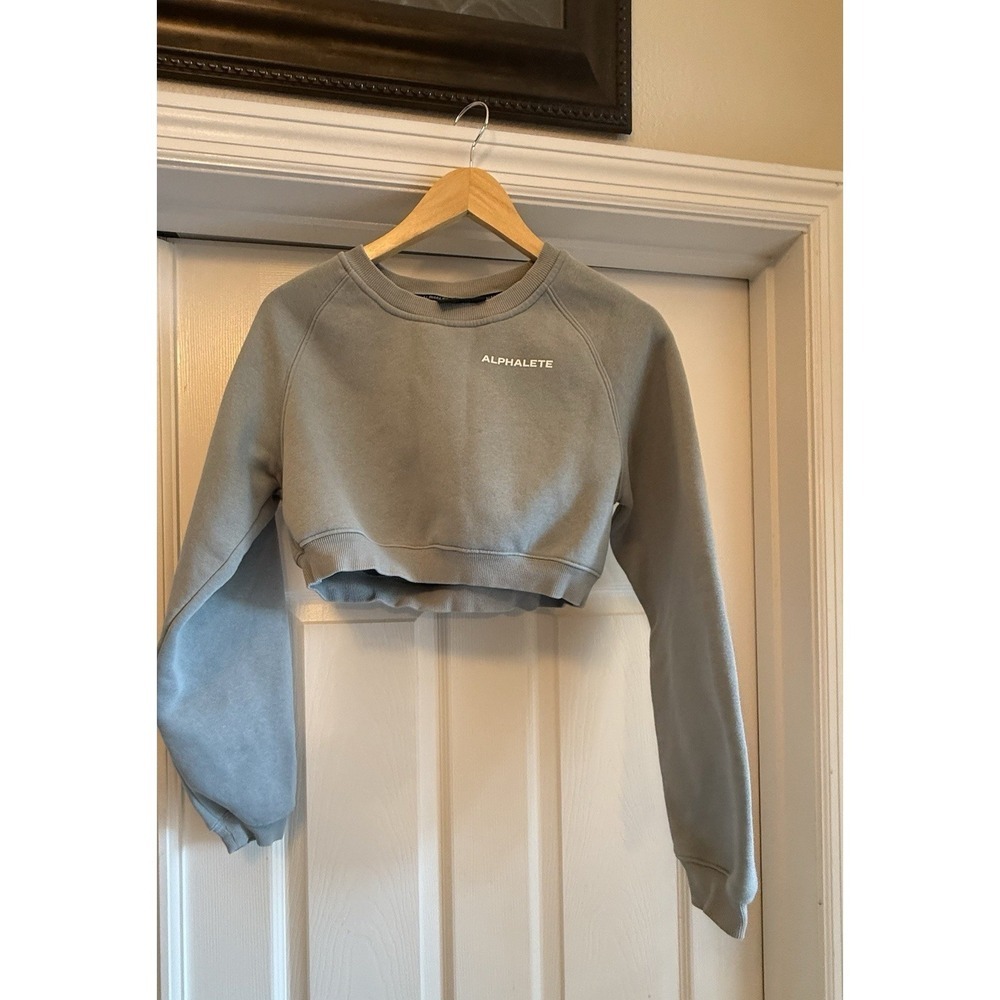 Alphalete Sweatshirt Womens XS Blue Cropped Long Sleeve Raglan Pullover Logo